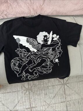 Palm Angels Black Tee with White Cherub Graphic
